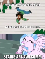 Size: 704x913 | Tagged: safe, edit, edited screencap, imported from derpibooru, screencap, silverstream, classical hippogriff, hippogriff, school daze, adorkable, bobby mcferrin, caption, cute, diastreamies, dork, falling, family guy, image macro, pain, smiling, stairs, stairs are awesome, text, that hippogriff sure does love stairs