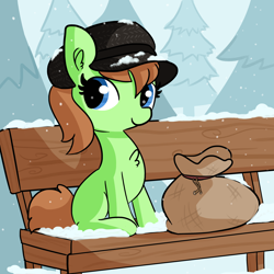 Size: 3000x3000 | Tagged: safe, artist:tjpones, imported from derpibooru, oc, oc only, oc:lima bean, pony, bag, bench, fanfic, fanfic art, fanfic cover, hat, snow, solo, tree