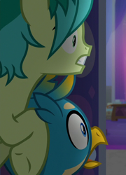 Size: 518x720 | Tagged: safe, imported from derpibooru, screencap, gallus, sandbar, earth pony, griffon, pony, school raze, cropped, male, out of context, ponies riding griffons, riding, sandbar riding gallus, shocked
