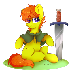 Size: 2000x2000 | Tagged: safe, artist:etoz, imported from derpibooru, oc, oc only, oc:gold strike, pony, cape, clothes, colt, cute, grass, male, orange hair, short hair, short mane, simple background, sitting, smiling, sword, transparent background, weapon