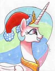 Size: 3682x4715 | Tagged: safe, artist:stewart501st, imported from derpibooru, princess celestia, alicorn, pony, christmas, cute, cutelestia, female, grin, hat, holiday, mare, santa hat, smiling, solo