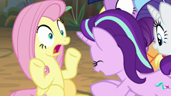 Size: 1280x720 | Tagged: safe, imported from derpibooru, screencap, applejack, fluttershy, rainbow dash, rarity, starlight glimmer, twilight sparkle, alicorn, pegasus, pony, unicorn, the mean 6, eyes closed, female, forest background, incoming hug, open mouth, out of context, twilight sparkle (alicorn), wide eyes