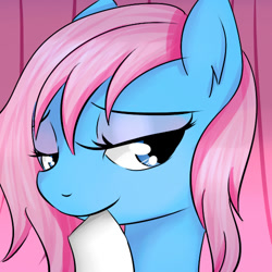 Size: 500x500 | Tagged: safe, artist:dashy21, imported from derpibooru, lotus blossom, earth pony, pony, alternate hairstyle, bedroom eyes, bust, female, looking at you, loose hair, mare, mouth hold, portrait, smiling