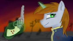 Size: 1920x1080 | Tagged: safe, artist:freezeroffire, imported from derpibooru, oc, oc only, oc:littlepip, pony, unicorn, fallout equestria, clothes, fanfic, fanfic art, female, glowing horn, gun, handgun, horn, jumpsuit, levitation, little macintosh, magic, mare, revolver, smiling, solo, telekinesis, vault suit, weapon