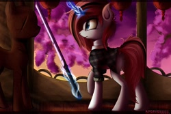 Size: 2560x1706 | Tagged: source needed, safe, artist:apostolllll, imported from derpibooru, oc, oc only, pony, unicorn, clothes, dummy, female, glowing horn, magic, mare, plaid shirt, shirt, solo, sword, telekinesis, weapon