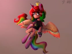 Size: 2560x1920 | Tagged: source needed, safe, artist:apostolllll, imported from derpibooru, oc, oc only, alicorn, pony, alicorn oc, clothes, colored wings, crown, donut steel, jewelry, multicolored wings, rainbow hair, rainbow wings, regalia, shirt, simple background, solo, spiked wristband, t-shirt, wristband