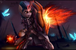 Size: 2560x1707 | Tagged: source needed, safe, artist:apostolllll, imported from derpibooru, oc, oc only, pony, semi-anthro, armor, bipedal, cape, clothes, crystal, fangs, fire, heterochromia, shield, solo