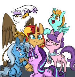 Size: 972x998 | Tagged: safe, artist:helloiamyourfriend, imported from derpibooru, gilda, lightning dust, starlight glimmer, sunset shimmer, suri polomare, trixie, unicorn, alternate mane six, antagonist six, drawthread, female, group photo, mane six opening poses, villain six