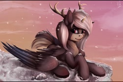 Size: 2560x1707 | Tagged: source needed, safe, artist:apostolllll, imported from derpibooru, oc, oc only, original species, pony, horns, prone, snow, snowfall, solo, wings