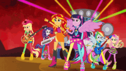 Size: 800x450 | Tagged: safe, imported from derpibooru, screencap, applejack, fluttershy, pinkie pie, rainbow dash, rarity, sunset shimmer, twilight sparkle, alicorn, equestria girls, rainbow rocks, absurd file size, absurd gif size, animated, bass guitar, drums, gif, guitar, high heels, humane five, humane seven, humane six, keytar, microphone, musical instrument, platform shoes, ponied up, rainbow power, shoes, sunshine shimmer, transformation, twilight sparkle (alicorn), wedge heel, welcome to the show