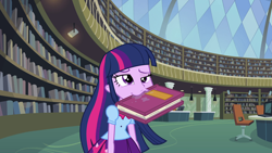 Size: 1920x1080 | Tagged: safe, imported from derpibooru, screencap, twilight sparkle, equestria girls, equestria girls (movie), berk, book, drool, humans doing horse things, library, majestic as fuck, mouth hold