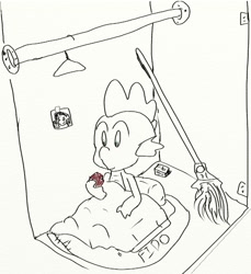 Size: 496x542 | Tagged: safe, imported from derpibooru, spike, dragon, bed, black and white, broom, closet, clothes hanger, drawthread, grayscale, monochrome, sketch