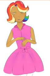 Size: 387x594 | Tagged: safe, imported from derpibooru, rainbow dash, human, clothes, drawthread, dress, humanized, rainbow dash always dresses in style, rainbow dash is not amused, simple background, unamused, white background