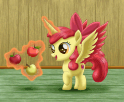 Size: 1500x1240 | Tagged: safe, artist:lifesharbinger, imported from derpibooru, apple bloom, alicorn, pony, adorabloom, alicornified, animated, apple, barely animated, bloomicorn, cute, eye shimmer, female, food, gif, levitation, magic, race swap, solo, telekinesis, this will end in tears and/or death and/or covered in tree sap
