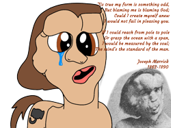 Size: 1024x765 | Tagged: safe, artist:didgereethebrony, imported from derpibooru, pony, crying, deformed, deformity, elephant man, joseph merrick, poem, ponified, positive body image, proteus syndrome, solo, tears of pain