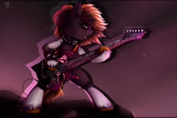 Size: 2560x1707 | Tagged: source needed, safe, artist:apostolllll, imported from derpibooru, oc, oc only, earth pony, pony, semi-anthro, collar, electric guitar, eyeshadow, female, guitar, heavy metal, makeup, mare, metal, musical instrument, open mouth, running makeup, solo, spiked collar, tongue out