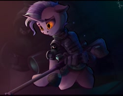 Size: 1920x1500 | Tagged: source needed, safe, artist:apostolllll, imported from derpibooru, oc, oc only, pony, semi-anthro, unicorn, floppy ears, glowing eye, glowing eyes, grin, gun, kneeling, military uniform, rifle, smiling, sniper rifle, solo, weapon, zoom layer