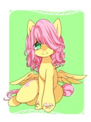 Size: 1000x1334 | Tagged: safe, artist:zakro, imported from derpibooru, fluttershy, pegasus, pony, alternate hairstyle, female, hair over one eye, looking at you, mare, sitting, smiling, solo, spread wings, wings