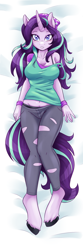 Size: 492x1476 | Tagged: safe, artist:ambris, edit, imported from derpibooru, starlight glimmer, anthro, unguligrade anthro, unicorn, equestria girls, mirror magic, spoiler:eqg specials, beanie, big breasts, black underwear, blushing, body pillow, bra strap, breasts, busty starlight glimmer, cleavage, clothes, cropped, denim, equestria girls outfit, eyelashes, eyeshadow, female, from above, hat, hooves, horn, jeans, looking at you, makeup, mare, messy hair, missing accessory, off shoulder, on back, pants, ripped pants, shirt, solo, tail, tight clothing, torn clothes, underwear, wristband