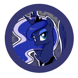 Size: 500x500 | Tagged: safe, artist:jessy, imported from derpibooru, princess luna, pony, abstract background, bust, button, dots, ethereal mane, female, mare, smiling, solo, starry mane