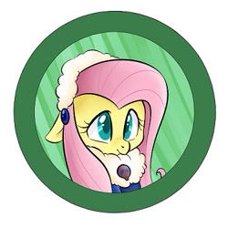 Size: 375x375 | Tagged: safe, artist:jessy, imported from derpibooru, fluttershy, pony, abstract background, bust, button, clothes, cute, female, mare, shyabetes, smiling, solo