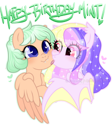 Size: 1232x1376 | Tagged: safe, artist:nekomellow, imported from derpibooru, oc, oc only, oc:dream catcher (nekomellow), oc:mintheart, bat pony, pony, bat pony oc, birthday, present, simple background, transparent background