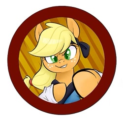 Size: 375x375 | Tagged: safe, artist:jessy, imported from derpibooru, applejack, pony, abstract background, bust, button, clothes, female, gi, hatless, headband, karate, mare, missing accessory, robe, smiling, solo, sports bra