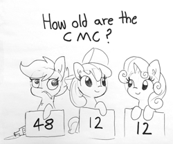 Size: 910x757 | Tagged: safe, artist:tjpones, imported from derpibooru, apple bloom, scootaloo, sweetie belle, earth pony, pegasus, pony, unicorn, alcohol, black and white, bottle, c:, chest fluff, cigarette, cute, cutie mark crusaders, ear fluff, eye contact, female, filly, glare, grayscale, hoof hold, looking at each other, looking at you, monochrome, one of these things is not like the others, raised eyebrow, raised hoof, seems legit, sign, simple background, smiling, smoking, text, wat, white background