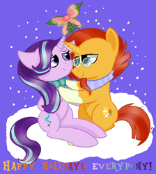 Size: 2600x2900 | Tagged: safe, artist:rainbowtashie, imported from derpibooru, starlight glimmer, sunburst, pony, unicorn, christmas, female, holiday, male, mare, mistletoe, purple background, shipping, simple background, snow, stallion, starburst, straight, text