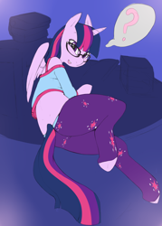 Size: 2000x2800 | Tagged: safe, artist:negasimon, imported from derpibooru, twilight sparkle, alicorn, pony, semi-anthro, clothes, female, glasses, looking at you, mare, pajamas, question mark, solo, speech bubble, twilight sparkle (alicorn)