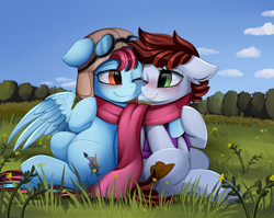 Size: 2950x2350 | Tagged: safe, artist:pridark, imported from derpibooru, oc, oc only, oc:aurora breeze, oc:graph travel, pegasus, pony, aviator goggles, aviator hat, blushing, clothes, duo, female, field, flower, freckles, goggles, grass, hat, lesbian, looking at each other, mare, oc x oc, scarf, shared clothing, shared scarf, sharing, shipping, tree, vest