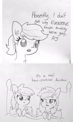 Size: 1287x2152 | Tagged: safe, artist:tjpones, artist:tjpones edits, edit, imported from derpibooru, applejack, rainbow dash, pony, appledash, bed, black and white, female, grayscale, in bed, lesbian, lineart, mare, monochrome, no homo, not gay, rainbow dumb, sarcasm, shipping, traditional art