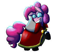 Size: 3522x2894 | Tagged: safe, artist:tkitten16, imported from derpibooru, pinkie pie, pony, clothes, fawful, female, glasses, mario and luigi, raised hoof, signature, simple background, smiling, solo, transparent background