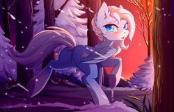 Size: 4800x3100 | Tagged: safe, artist:hakkids2, imported from derpibooru, oc, oc only, oc:icy heart, pegasus, pony, blushing, commission, cute, featureless crotch, female, forest, looking at you, looking back, mare, open mouth, scenery, signature, snow, snowfall, solo, tree, tree branch, underhoof, winter, ych result