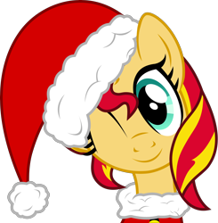 Size: 6070x6183 | Tagged: safe, artist:pink1ejack, imported from derpibooru, sunset shimmer, pony, unicorn, absurd resolution, christmas, christmas ponies, cute, female, hat, holiday, mare, one eye closed, santa hat, shimmerbetes, simple background, solo, transparent background, vector, wink