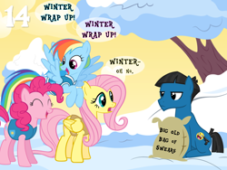 Size: 1024x768 | Tagged: safe, artist:bronybyexception, imported from derpibooru, fluttershy, pinkie pie, rainbow dash, oc, oc:animatedjames, earth pony, pegasus, pony, winter wrap up, advent calendar, burlap sack, christmas, gun, holiday, snow, swearing, tree, vulgar, weapon, winter, winter wrap up vest