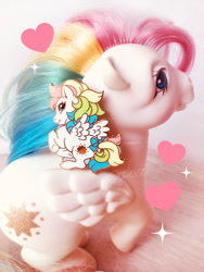 Size: 600x800 | Tagged: safe, artist:celesse, imported from derpibooru, starshine, pegasus, pony, badge, bow, craft, enamel, g1, heart, irl, looking at you, looking back, looking back at you, merchandise, photo, pin, rearing, spread wings, starshine (g1), tail bow, toy, wings