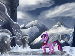 Size: 2400x1800 | Tagged: safe, artist:ilicksunshine, artist:sigilponies, imported from derpibooru, twilight sparkle, alicorn, pony, castle, clothes, female, folded wings, looking at something, mare, mountain, outdoors, profile, raised hoof, scarf, snow, solo, standing, twilight sparkle (alicorn), wings