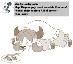 Size: 788x695 | Tagged: safe, artist:sintakhra, imported from derpibooru, yona, yak, tumblr:studentsix, bow, cloven hooves, cookie, female, food, grayscale, hair bow, monkey swings, monochrome, plate, prone, simple background, solo, tongue out, white background