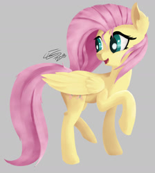 Size: 1024x1145 | Tagged: safe, artist:ilicksunshine, artist:sigilponies, imported from derpibooru, fluttershy, pegasus, pony, female, folded wings, gray background, head turn, looking away, looking back, mare, open mouth, raised hoof, raised leg, simple background, smiling, solo, standing, stray strand, turned head, wings