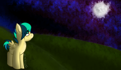 Size: 1708x984 | Tagged: safe, artist:exvius, imported from derpibooru, oc, oc only, oc:apogee, pegasus, pony, cute, ear freckles, female, filly, freckles, grass, hill, looking up, moon, moonlight, night, night sky, sky, solo, space