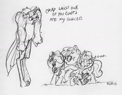 Size: 1607x1256 | Tagged: safe, artist:dilarus, deleted from derpibooru, imported from derpibooru, apple bloom, scootaloo, sweetie belle, twilight sparkle, anthro, earth pony, pegasus, pony, unicorn, comic:the many faces of twilight sparkle, anthro with ponies, cookie, cutie mark crusaders, dialogue, female, filly, food, monochrome, not salmon, onomatopoeia, simple background, this will end in death, this will end in tears, this will end in tears and/or death, traditional art, vulgar, wat, white background