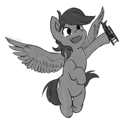 Size: 693x693 | Tagged: safe, artist:pagecartoons, imported from derpibooru, oc, oc:focal length, pegasus, pony, commission, flying, grayscale, male, monochrome, simple background, sketch, toy plane, white background