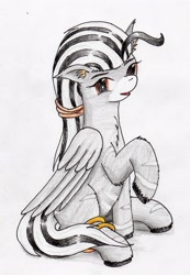 Size: 1966x2845 | Tagged: safe, artist:40kponyguy, derpibooru exclusive, imported from derpibooru, oc, oc only, oc:kujivunia, pegasus, pony, zebra, ear fluff, floppy ears, fluffy, leg bracelet, looking at you, raised hoof, simple background, solo, traditional art, white background, zebra oc