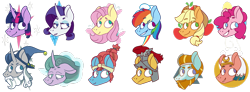 Size: 1280x470 | Tagged: dead source, safe, artist:maxieforest, imported from derpibooru, applejack, flash magnus, fluttershy, meadowbrook, mistmane, pinkie pie, rainbow dash, rarity, rockhoof, somnambula, star swirl the bearded, twilight sparkle, earth pony, pegasus, pony, unicorn, cutie mark background, female, head, head only, male, mane six, mare, no pupils, pillars of equestria, stallion