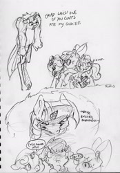 Size: 1633x2344 | Tagged: safe, artist:dilarus, deleted from derpibooru, imported from derpibooru, apple bloom, scootaloo, sweetie belle, twilight sparkle, anthro, earth pony, pegasus, pony, unicorn, comic:the many faces of twilight sparkle, anthro with ponies, cutie mark crusaders, dialogue, female, filly, imminent death, impending doom, implied cookies, monochrome, not salmon, onomatopoeia, simple background, this will end in death, this will end in tears, this will end in tears and/or death, traditional art, vulgar, wat, white background