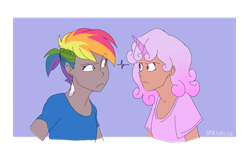 Size: 1280x815 | Tagged: safe, artist:feellikeaplat, imported from derpibooru, oc, oc only, oc:quartz horn, oc:rainbow feather, hippogriff, human, dark skin, ear piercing, earring, female, horned humanization, humanized, humanized oc, interspecies offspring, jewelry, magical lesbian spawn, offspring, parent:gilda, parent:rainbow dash, parents:gildash, piercing, staring contest