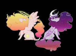 Size: 1280x941 | Tagged: safe, artist:coffeisloveislife, imported from derpibooru, princess celestia, princess luna, alicorn, black background, colored hooves, curved horn, duo, ethereal mane, eyes closed, hoers, horn, leg fluff, leonine tail, mane of fire, profile, royal sisters, signature, simple background, sitting, starry mane, wing fluff