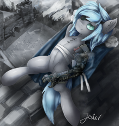 Size: 1135x1200 | Tagged: safe, artist:jesterpi, imported from derpibooru, oc, oc only, pony, amputee, armpits, castle, clothes, coat, eyepatch, guard, male, mountain, pose, prosthetic arm, prosthetic limb, prosthetics, relaxing, shadow, snow, solo, wall