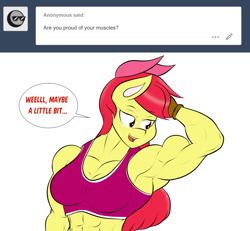 Size: 1280x1185 | Tagged: safe, artist:matchstickman, imported from derpibooru, apple bloom, anthro, earth pony, tumblr:where the apple blossoms, abs, apple bloom's bow, apple brawn, armpits, biceps, bow, breasts, busty apple bloom, clothes, comic, deltoids, dialogue, female, fingerless gloves, gloves, hair bow, looking sideways, mare, matchstickman's apple brawn series, muscles, older, older apple bloom, simple background, solo, speech bubble, talking to viewer, triceps, tumblr comic, white background